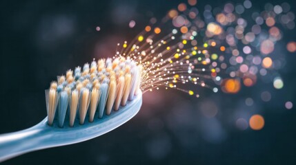 Toothbrush bristles radiating sparkling light, representing advanced dental care, cleaning, healthy teeth, science, and future technology