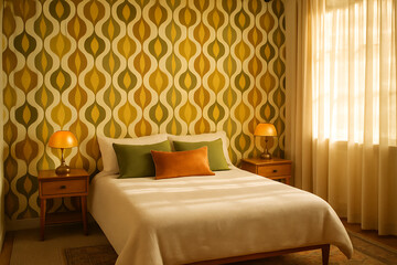 Retro 1970s style bedroom featuring bold geometric yellow and olive green wallpaper with a simple wooden bed frame and vibrant orange and green accent pillows