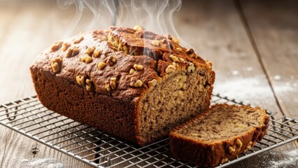 Fresh banana bread loaf with walnuts steaming on a wire rack. Hot homemade pastry slice on rustic wood background
