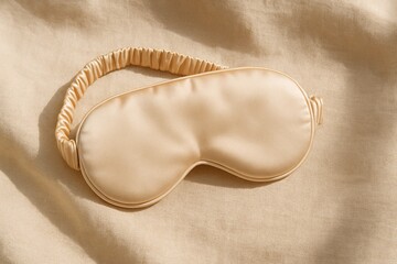 A pair of beige eye masks with a gold cord on a bed. The eye masks are placed on a luxurious blanket.