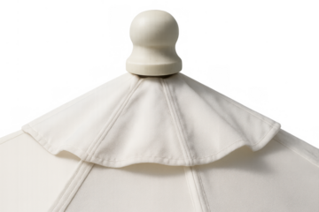 Beige outdoor patio umbrella finial and ventilating cap details against a transparent background