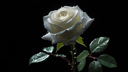 white rose and petals on black background
