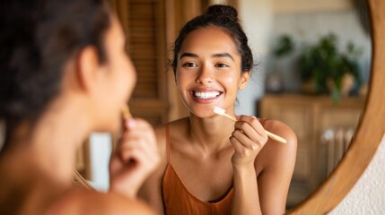 Woman brushing teeth with a bamboo toothbrush, smiling at her reflection in bathroom mirror, dental care routine