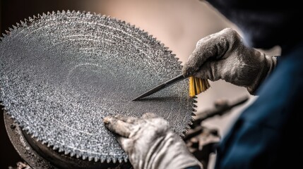 Medium shot of a craftsman carefully cleaning a diamondcoated saw blade with a soft brush to maintain cutting efficiency and prolong coat life.