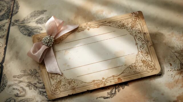 Vintage decorative card with intricate border and soft pink ribbon bow placed on textured background with natural light creating gentle shadows and highlighting the aged paper details