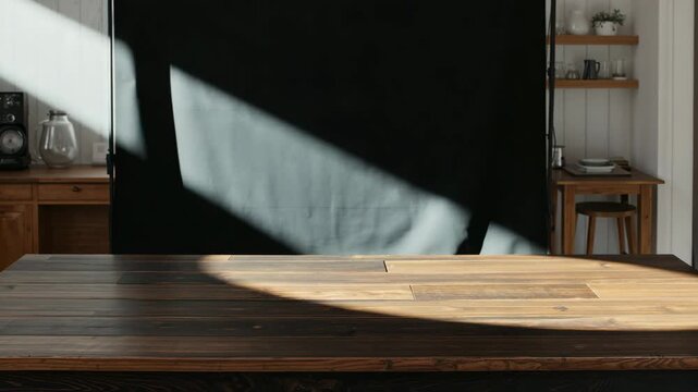 Close-up of a wooden table with soft natural light creating shadows against a black backdrop in a modern kitchen setting with rustic wooden furniture and a calm minimalistic atmosphere