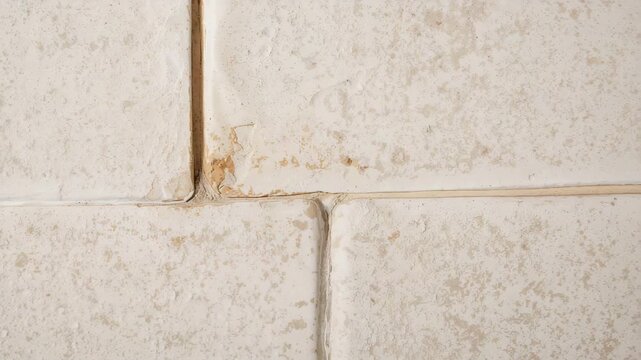 Close-up view of textured white tiles featuring a defect in the grout line showing gradual change in appearance from beginning to end in a well-lit indoor environment