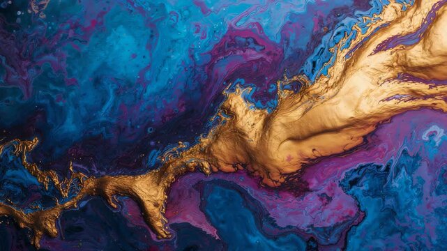 Dynamic abstract fluid art with vibrant blue and purple swirls interspersed with glossy gold veins creating a visually captivating flowing effect throughout the video