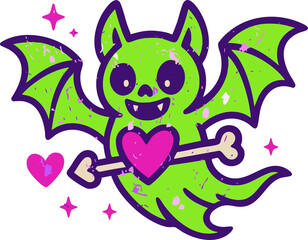A neon green bat holding a pink heart pierced by a bone arrow is illustrated in a cute spooky-cute style with bold purple outlines and grunge splatter textures.