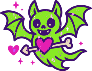 A neon green bat holding a pink heart pierced by a bone arrow is illustrated in a cute spooky-cute style with bold purple outlines and grunge splatter textures.