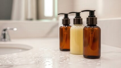 Minimalist Bathroom Essentials: A curated selection of amber-colored cosmetic bottles on a pristine marble surface, exuding a sense of understated elegance and serenity.