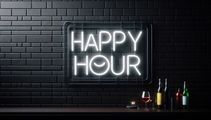 Neon sign Happy Hour on black brick wall with wine bottles and glasses, perfect for bar, nightlife, party or drink promotion