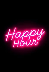 Fototapete Bar Pink neon sign Happy Hour glowing on black background, perfect for bar, club, party, nightlife, drink promotion or event decor  © Irene Kulinchyk