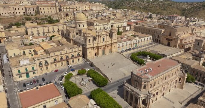 Aerial view of the Cathedral of Noto, located in the historic center of the city, in the province of Syracuse, Sicily, Italy. It is a Roman Catholic church in Sicilian Baroque style.