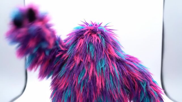 Vibrant, multicolored furry monster puppet or toy with bright pink, blue, and purple fur isolated on white background
