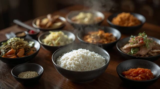 Elegant arrangement of steaming white rice in a black bowl surrounded by an assortment of colorful side dishes including vegetables meats and condiments on a wooden table in soft natural light