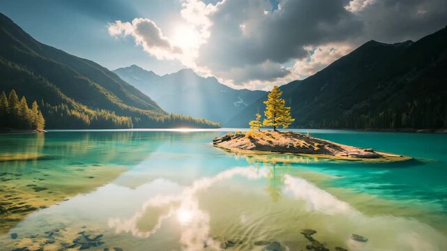 Wide tranquil view of a serene lake with an isolated island featuring a lone evergreen tree surrounded by mountains under a dramatic sky with cloud formations reflecting in clear turquoise water