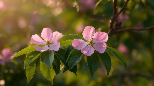 Close-up of pink flowering dogwood blossoms gently swaying on branches surrounded by vibrant green leaves captured in soft natural light at different stages of blooming from morning to evening