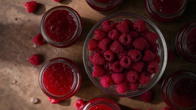 Close-up view of vibrant red raspberries in a glass bowl surrounded by jars of raspberry jam on a rustic wooden surface softly lit with warm natural light showcasing texture and color richness