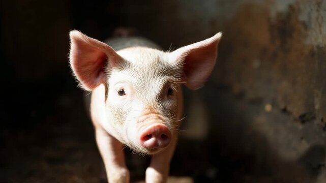 Close-up of a curious light pink pig with large ears gazing playfully in a dimly lit barn setting with rough textured walls and soft natural light highlighting its features