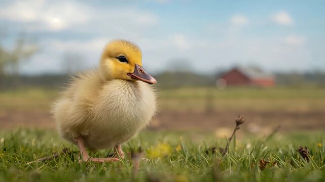 Cute fluffy yellow duckling waddling in a green meadow with soft natural light showcasing its bright plumage in a scenic rural landscape with a blurred red barn in the background