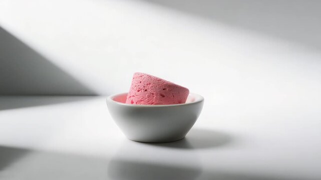 Close-up of a pink cotton candy-like object resting in a small white bowl on a smooth surface illuminated by soft natural light casting gentle shadows showcasing texture and vibrant colors