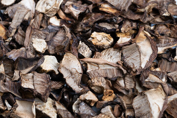 Closeup of dried porcini mushrooms showing crisp edges and fibrous gills, Detailed closeup of earthy dried mushroom slices with rustic tones and natural warm illumination