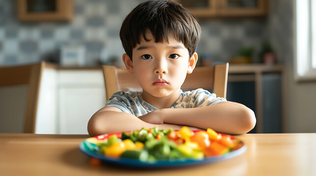 A young boy sits reluctantly at a table with a plate of colorful vegetables. His crossed arms and unimpressed expression reveal his aversion to the healthy meal before him.