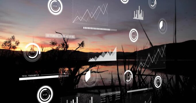 Sunset deepening, white HUD appearing over lake, gauges pulsing, graphs rising, panels showing data