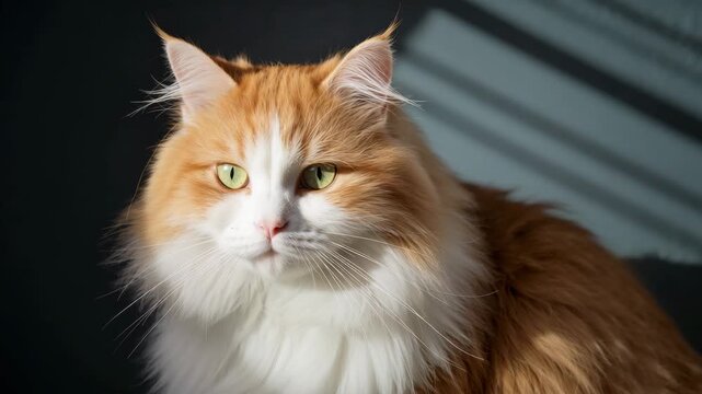 Fluffy orange and white cat with bright green eyes gazing calmly into the camera in a softly lit studio setting with dark background and subtle light patterns highlighting its fur texture