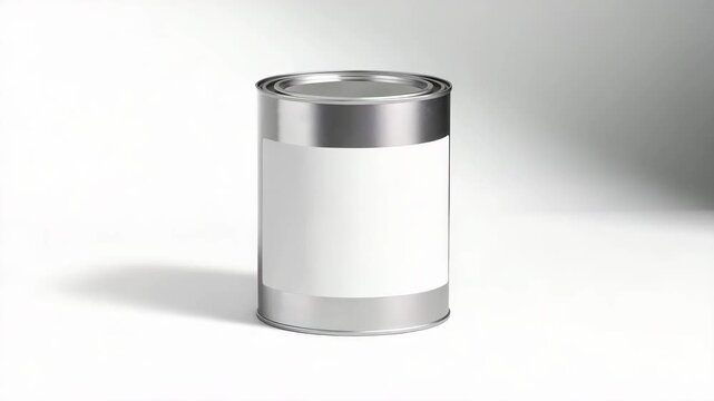 Close-up of a plain metal paint can on a soft background with gradual lighting change showcasing the can's shiny surface and smooth texture across three distinct phases of the video.