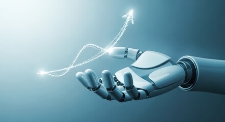 Rise of Innovation: A futuristic robotic hand cradles a glowing arrow, symbolizing growth and technological advancement in the digital era. Capturing a vision of progress and the future of innovation.