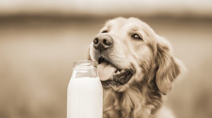 A golden retriever happily licks a milk bottle, showcasing a playful and heartwarming moment.