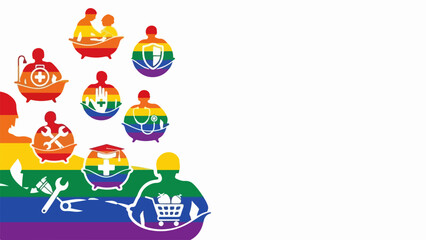 Obraz premium Rainbow colored silhouettes portray LGBTQ equality, showing individuals in diverse roles like healthcare, education, and home. This LGBTQ equality represents inclusion, human rights.