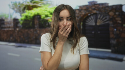 Fototapeta premium Young hispanic woman wearing white shirt covers mouth with hand at stone building entrance in daylight; surprise.