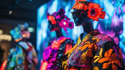 Vibrant floral fashion apparel on display colorful mannequin clothing