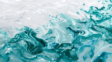 Abstract background of turquoise and white liquid paint mixing. Fluid art texture with glossy swirls and waves in motion. Modern artistic wallpaper concept
