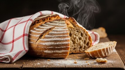 Freshly baked sourdough bread loaf with steam rising on a rustic wooden table. Hot artisan food with flour and red checkered towel