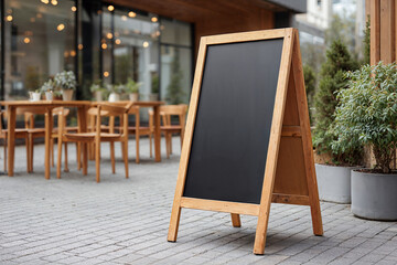 Retail mockup of a sidewalk menu board near outdoor seating area