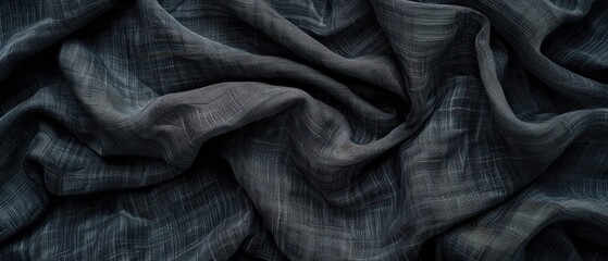 Detailed close-up of wrinkled dark linen fabric with visible weave and texture, ideal for textile backgrounds and design uses.