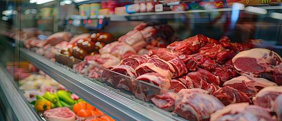 Various cuts of raw red meat arranged in a refrigerated display case at a butcher counter inside a grocery or meat shop.