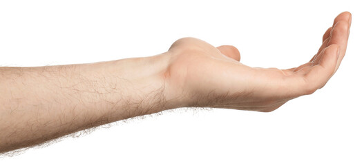 Man holding something on white background, closeup
