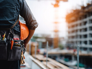 Construction Worker With Orange Safety Helmet And Tool Belt At Building Site