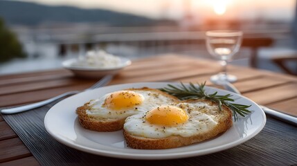 Fototapeta premium A delicious breakfast of fried eggs on toast garnished with rosemary served outdoors at sunset