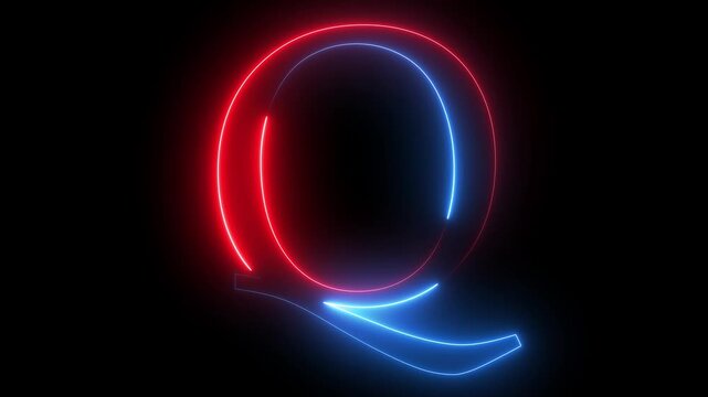 Glowing neon capital letter alphabet Q animation. Purple and blue neon font letter "Q" on black background. Educational concept