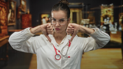 Young hispanic woman doctor wearing red stethoscope makes thumbs down gesture in building;...