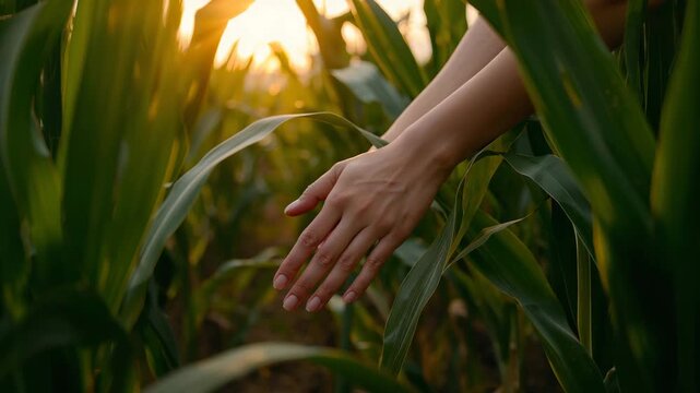Close-up of a hand gently gliding through tall green corn stalks in a sunlit field during sunset showcasing the texture of the leaves and warm golden sunlight illuminating the scene