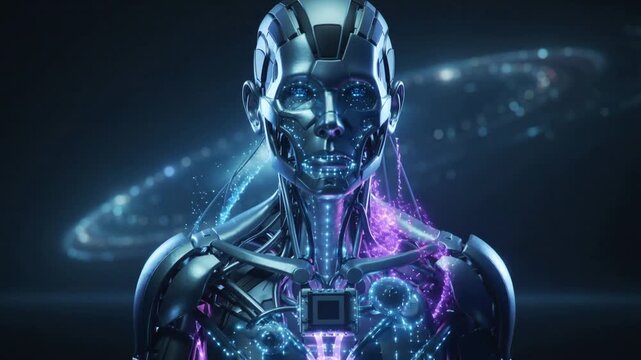 Front close up of metallic humanoid torso with exposed glowing chest core pulsing vertical energy column blue purple illuminated circuitry cables and reflective steel on dark background