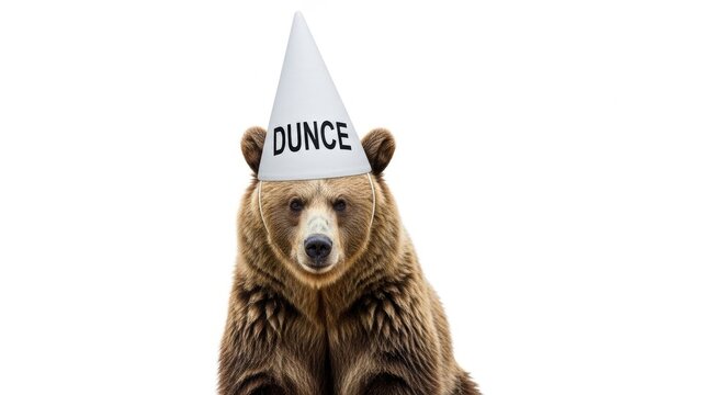 bear wearing a dunce cap hat, dim, dumb, stupid, on a white background, animal photo