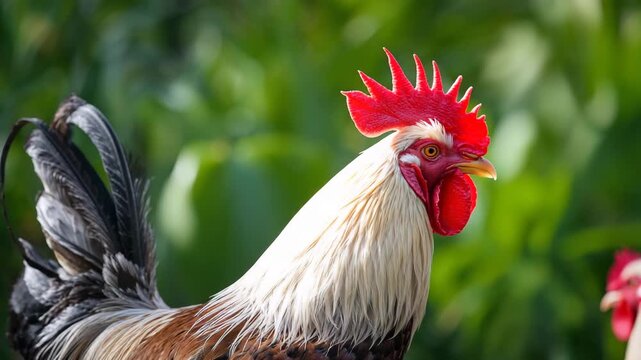 Close-up of vibrant rooster with striking red comb and yellow beak showcasing intricate feather details in lush green outdoor setting with natural lighting and soft colors